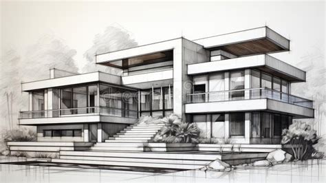 Modern Luxury Villa 18 Facade Elevation Pencil Sketch Design Stock