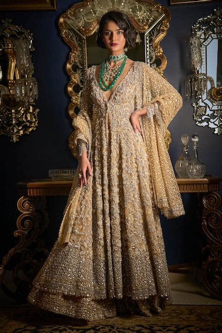 Buy Beige Net Embroidered Cutdana Deep V Cut And Sequin Jacket Sharara