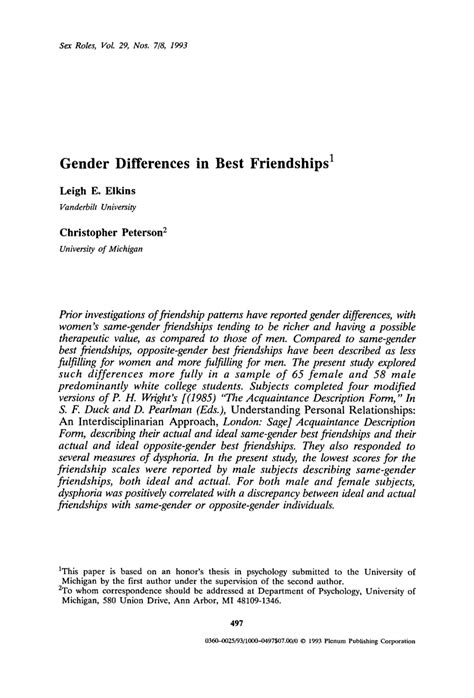 PDF Gender Differences In Best Friendships Sex Roles 29 7 8 497 508