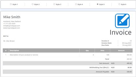 Withholding Tax Invoice Template NZ