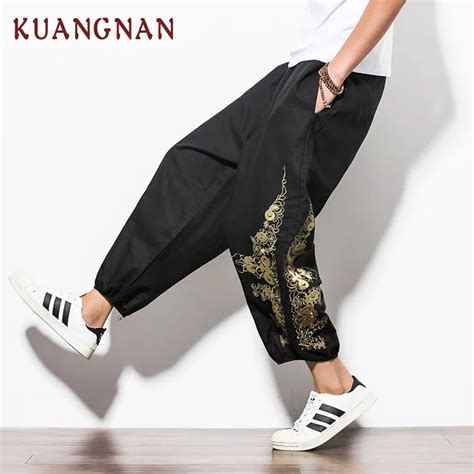 Kuangnan Chinese Embroidery Ankle Length Pants Men Jogger Japanese