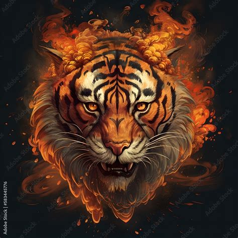 Fiery Tiger In Black Background Illustration Fit For Cover Poster