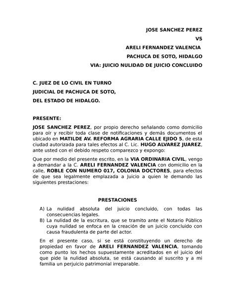 Demanda Nulidad De Juicio Concluido Jose Sanchez Perez Vs Areli Fernandez Valencia Pachuca De