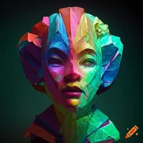 Sculpture Of Intricate Origami Figures Made Of Colored Recycled Paper