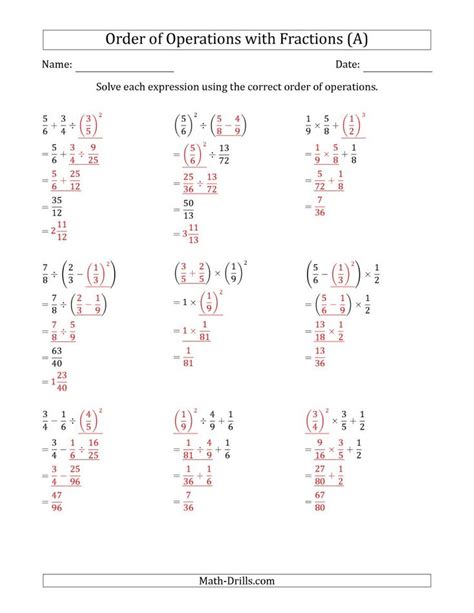 Order Of Operations Fractions Worksheets