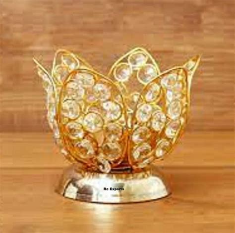 Lotus Design Brass Crystal Diya For Home Temple Pooja And Gifting