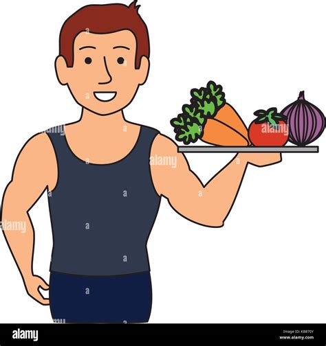 Thin Man In Sports Suit With Vegetables Tray Vector Illustration Design