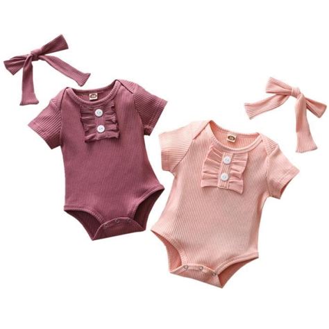 2 PC de Barboteuse Bébé Fille Bodysuits à manches courtes côtelée