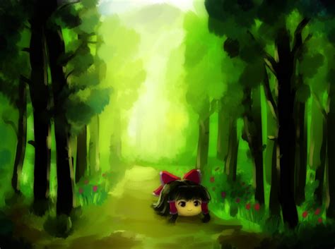 Safebooru Black Hair Bow Brown Eyes Closed Mouth Forest Grass Hair