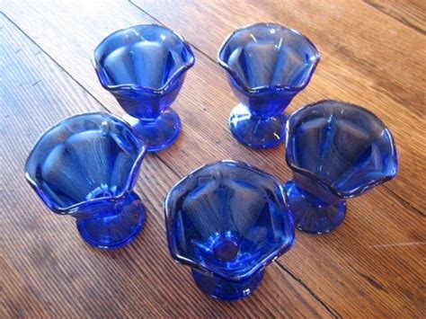 5 Anchor Hocking Cobalt Blue Glass Ice Cream Sundae Dishes Tulip Shape Dessert Haute Juice