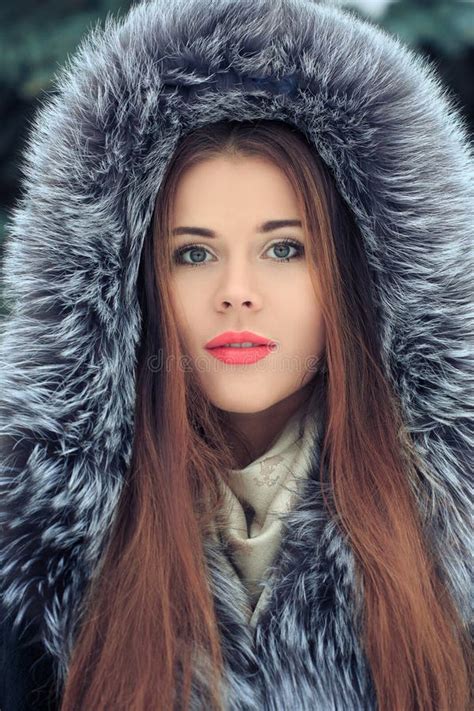 Beautiful Smiling Girl Winter Portrait Fur Hood Stock Image Image