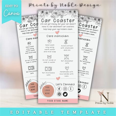 Editable Car Coaster Care Card Printable Car Coaster Care Etsy España