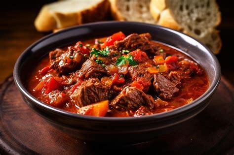 Uma tigela de ensopado de carne pão e pão em uma mesa de madeira