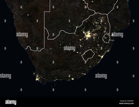 South Africa at night in 2012. This satellite image with country ...