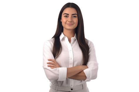 Mujer De Negocios Morena Con Camisa Blanca Sonriendo Confiada Y Alegre