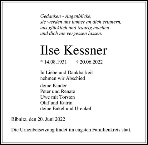 Traueranzeigen Von Ilse Kessner Trauer Anzeigen De