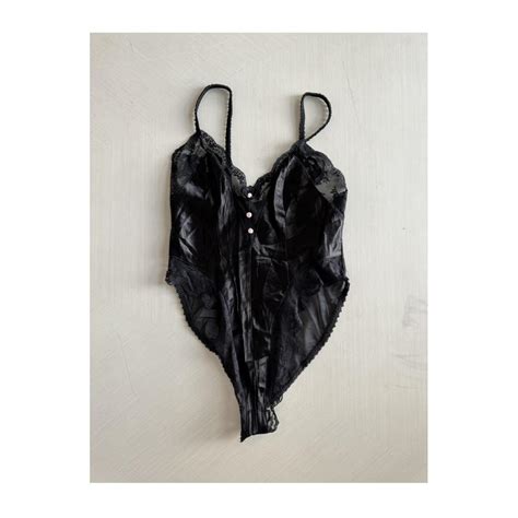Vintage Bodysuit Lingerie Black With Pink Rose Depop