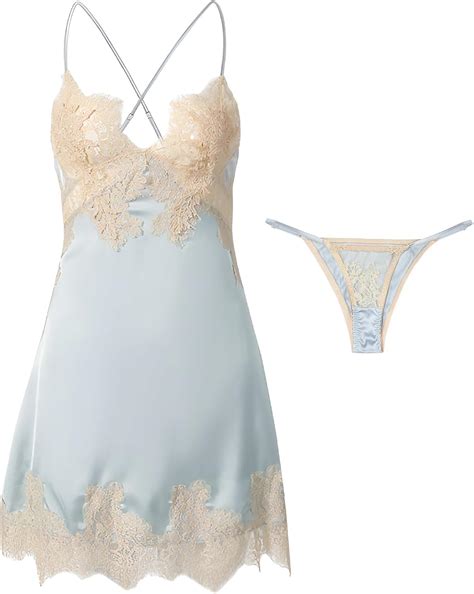 Lilosy Petite Sexy Silk Lace Up Backless Satin Applique Floral Lace Babydoll Lingerie Dress With