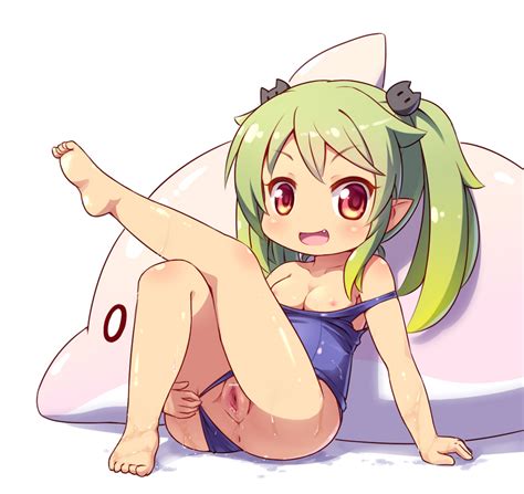 Rule 34 Breasts Censored Chibi Cute Fang Female Green Hair Langbazi Leg Up Long Hair Nipples