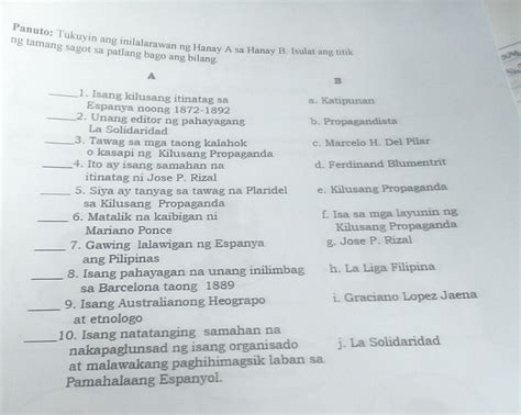 Panuto Tukuyin Ang Inilalarawan Ng Hanay A Sa Hanay B Isulat Ang Titik