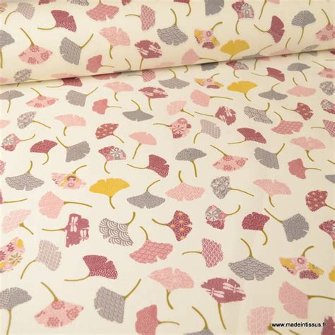 Tissu Coton Imprim Feuilles De Ginkgo Rose Fond Ivoire Oeko Tex