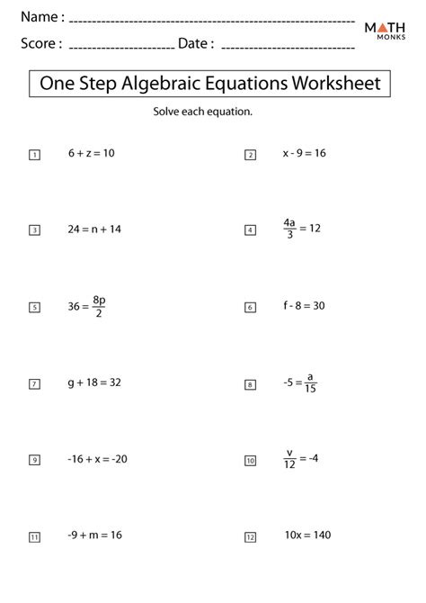 One Step Algebraic Equations Worksheet