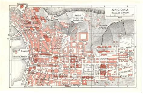 CARTA GEOGRAFICA ANTICA ANCONA pianta della città TCI 1939 Antique map