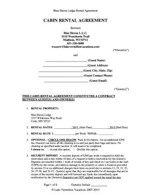 Fillable Online Blue Heron Lodge Rental Agreement Cabin Rental