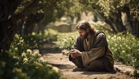 Photograph Of Jesus Praying In The Garden Of Gethsemane Generative Ai