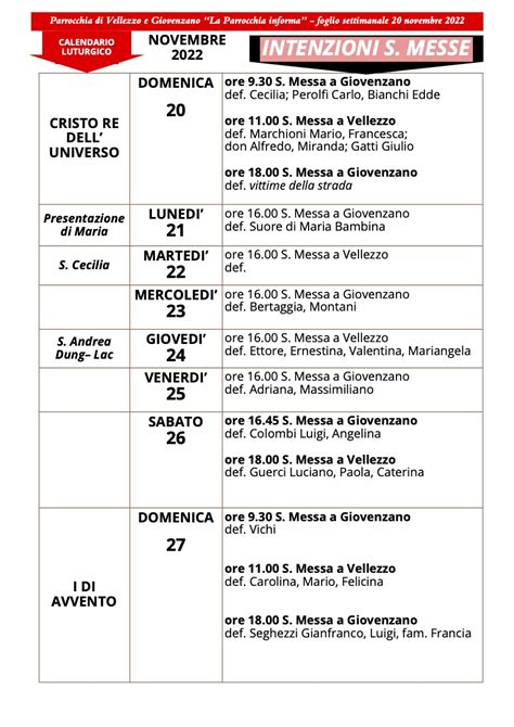 Calendario Liturgico Dal 20 Al 27 Novembre 2022 Calendario Delle