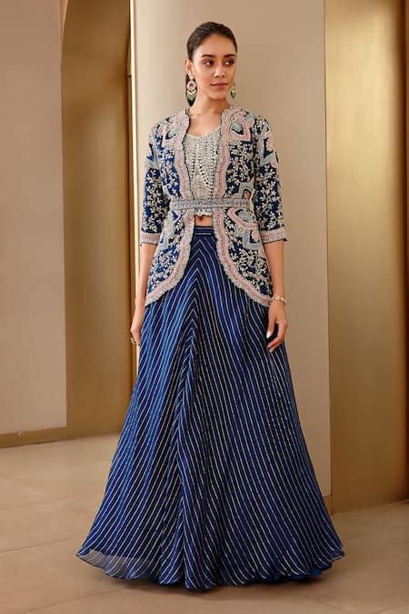 Buy Blue Organza Hand Embroidered Zari Jacket Open Floral Lehenga Set For Women By Osaa By