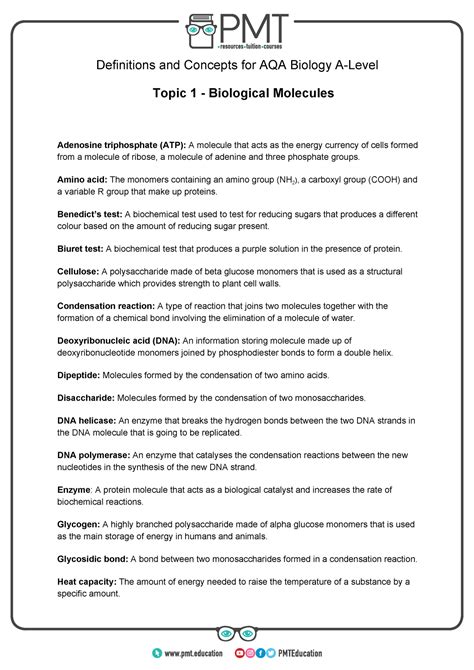 Definitions Biological Molecules Definitions And Concepts For Aqa