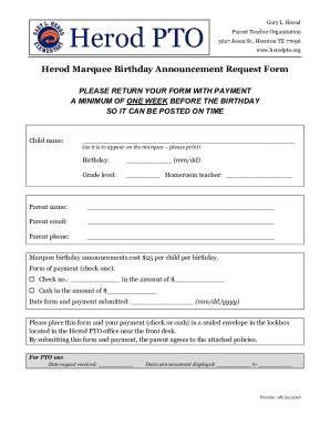 Fillable Online Herod Marquee Birthday Announcement Request Form