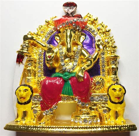 Lord Ganesh Sitting On Singhasan With Snake On Top Metal Car Dashboard