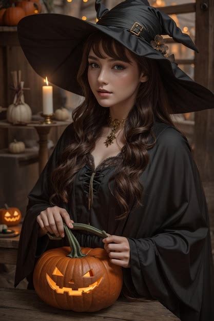 Premium Ai Image A Witch With A Black Hat And A Black Cape Holds A