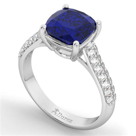 Cushion Cut Blue Sapphire Diamond Ring 18k White Gold 4 42ct AD1883