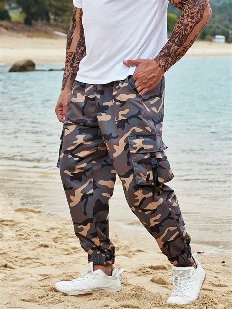 Manfinity Men Camo Print Flap Pocket Drawstring Waist Cargo Pants