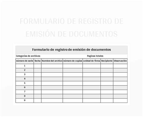 Plantilla De Excel Formulario De Registro De Emisión De Documentos Y