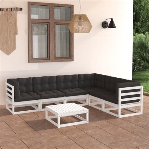 VidaXL Set Salotto Giardino 7pz Con Cuscini Bianco Legno Massello Pino