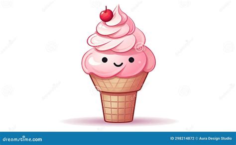 Ice Cream Cone In Cute Funny With Cartoon Kawaii Style Stock