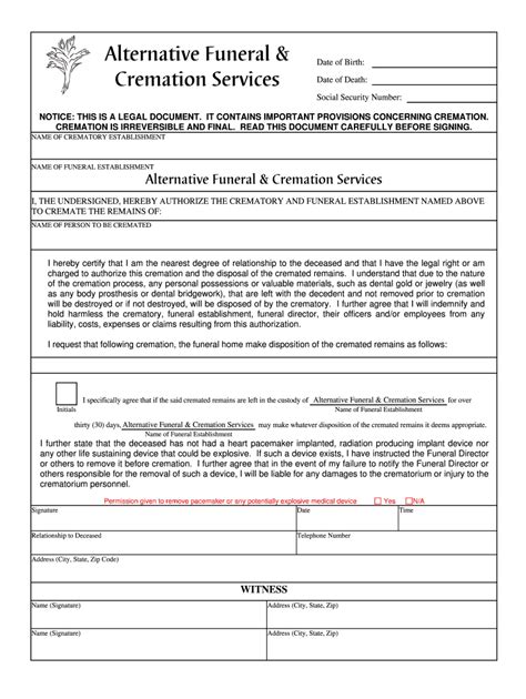 Fillable Online Cremation Authorization Form Alternative Funeral