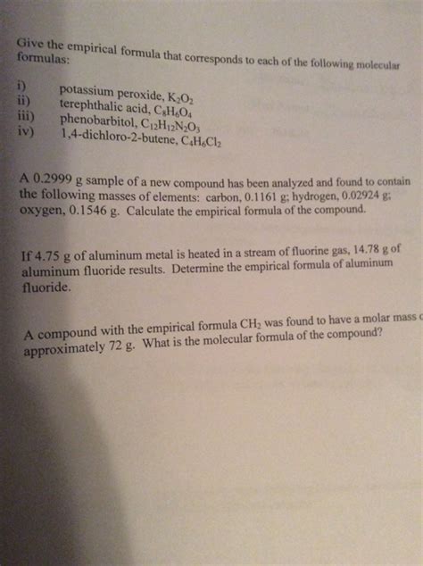 Solved Give The Empirical Formula That Corresponds To Each