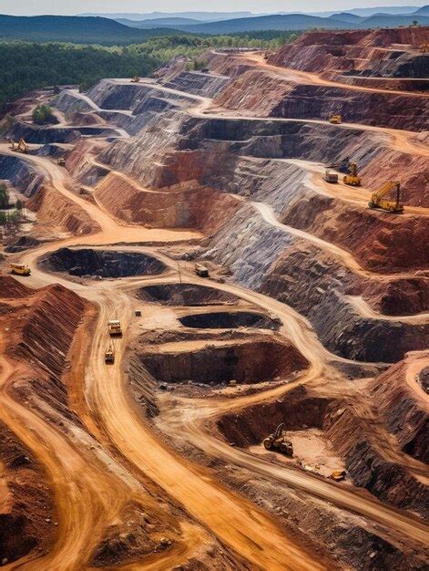 Aerial View Of Opencast Mining Quarry With Lots Of Machinery At Work