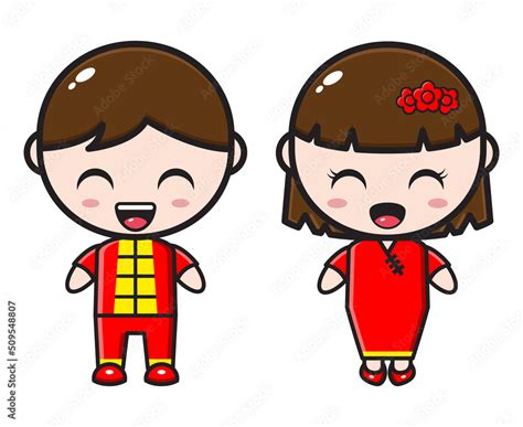 Cute Cartoon Couple Illustration Wearing Cheongsam Clothes Stock Vector