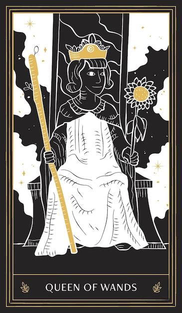 Premium Vector Queen Of Wands Tarot Card In Minor Arcana With Black