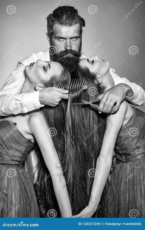 Bearded Man Hairdresser And Two Women Stock Image Image Of Beard