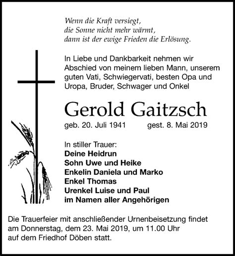 Traueranzeigen Von Gerold Gaitzsch Trauer Anzeigen De