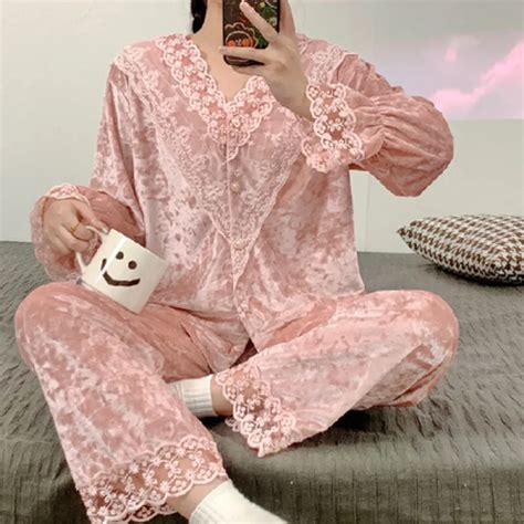 Fdfklak Korean Elegant Gold Velvet Pajamas For Women Sweet Lace Long