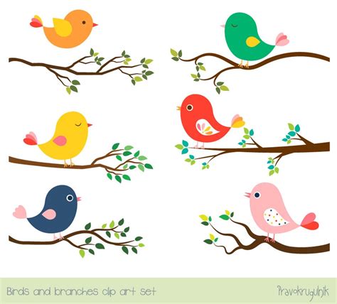 Cute Bird Clipart Set, Tree Branch Clip Art, Colorful Spring Bird Clip Art, Whimsical Digital ...