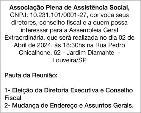 Edital Associação Plena de Assistência Social Jornal de Vinhedo